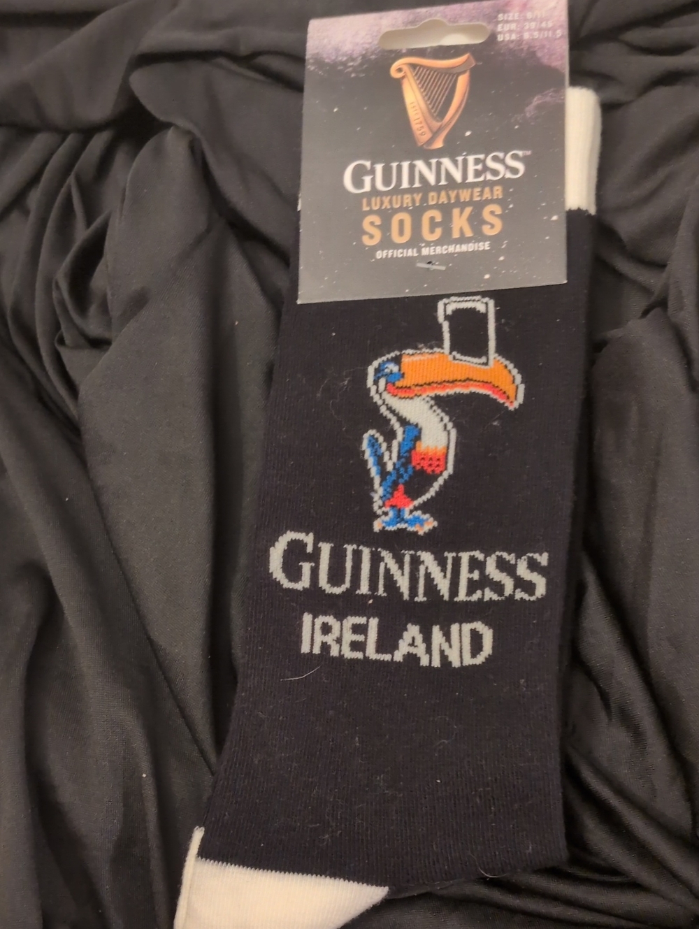Guinness Black Crew Socks with Multicolor Toucan